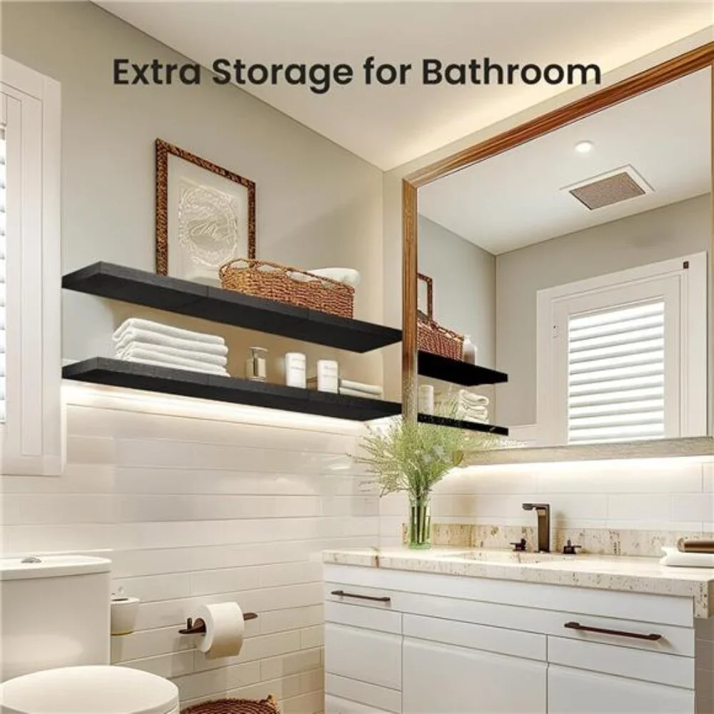 Floating Shelves Black, Wall Shelves with Invisible Brackets for Bedroom